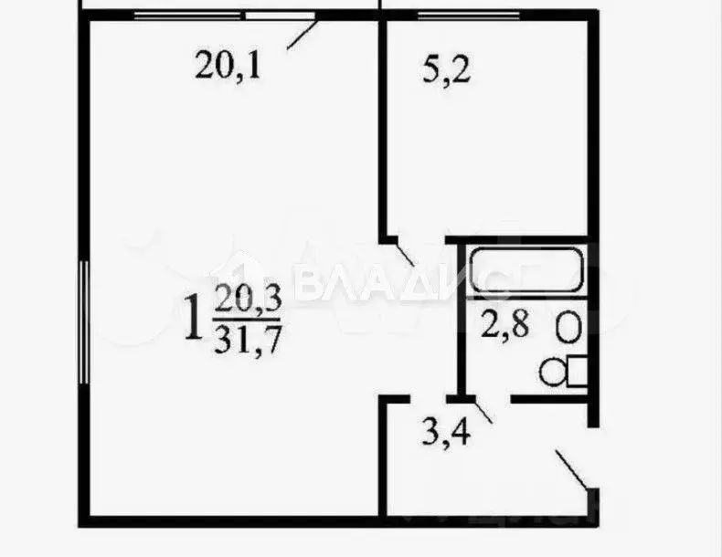 1-к. квартира, 31,7 м, 1/5 эт. - Фото 0