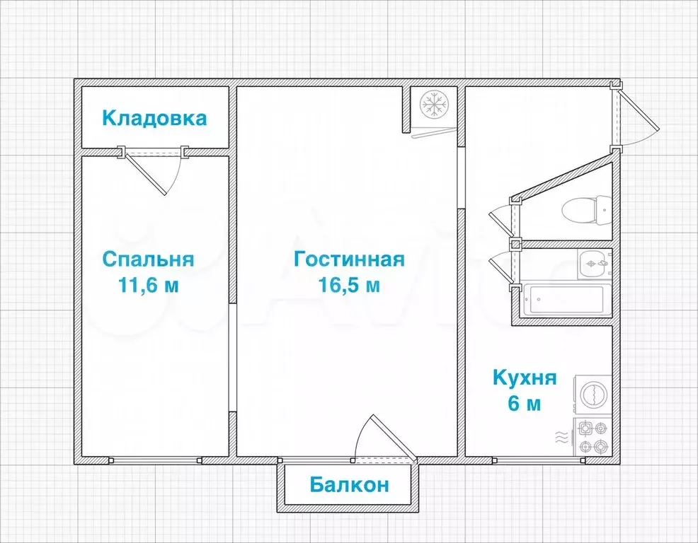 2-к. квартира, 43,5 м, 2/6 эт. - Фото 0