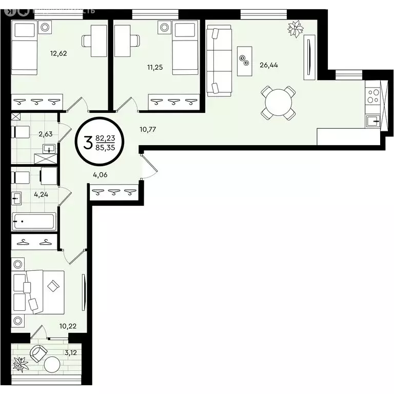 3-комнатная квартира: Тюмень, улица Александра Звягина, 5 (85.35 м) - Фото 0
