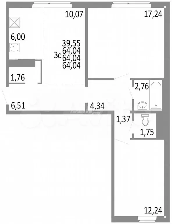 3-к. квартира, 64 м, 1/10 эт. - Фото 0