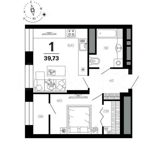 1-к. квартира, 39,7 м, 18/21 эт. - Фото 1
