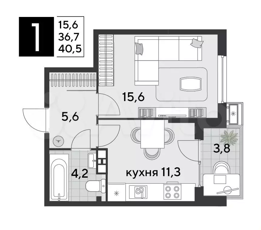 1-к. квартира, 40,5 м, 7/9 эт. - Фото 1