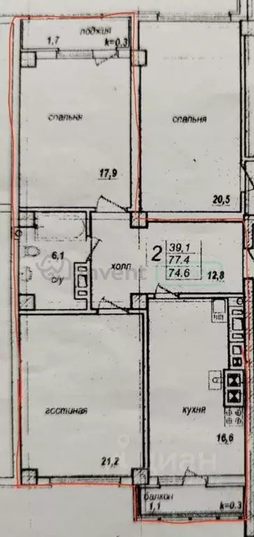 2-к кв. Калининградская область, Калининград ул. Гайдара, 122 (77.4 м) - Фото 2