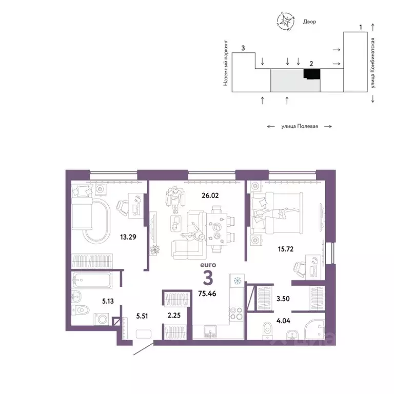 3-к кв. Тюменская область, Тюмень Полевая ул., 108 (75.46 м) - Фото 0