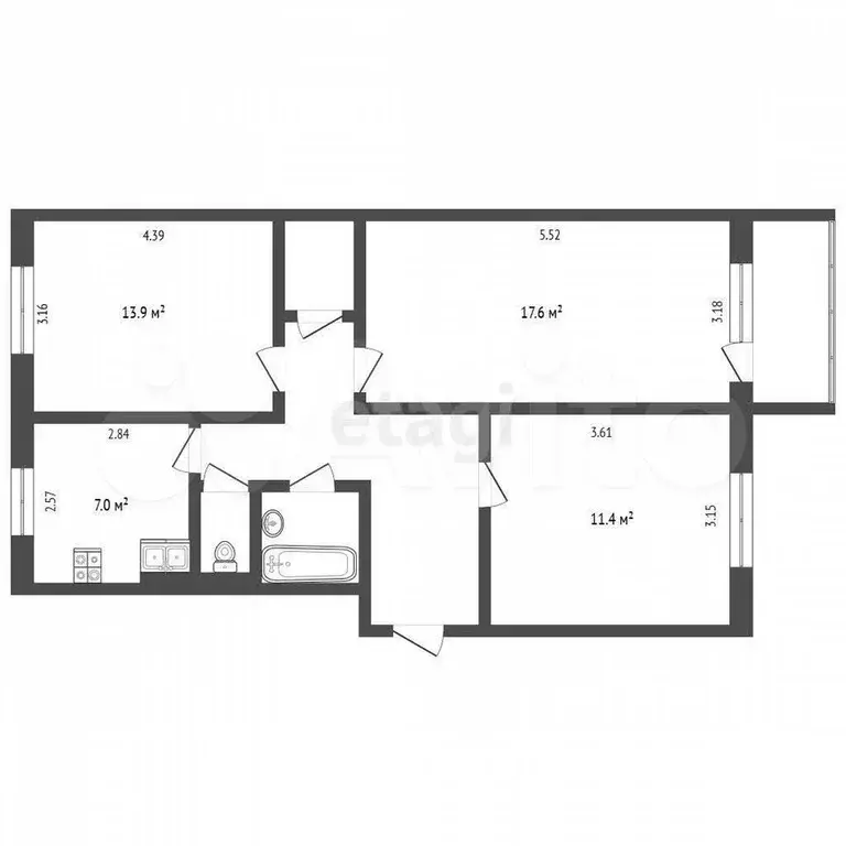 3-к. квартира, 65,4 м, 4/5 эт. - Фото 0