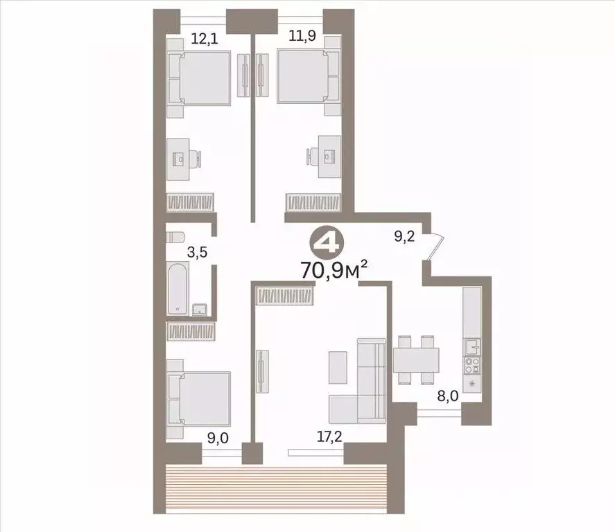4-к кв. Тюменская область, Тюмень Молодежная ул., 28 (70.9 м) - Фото 2