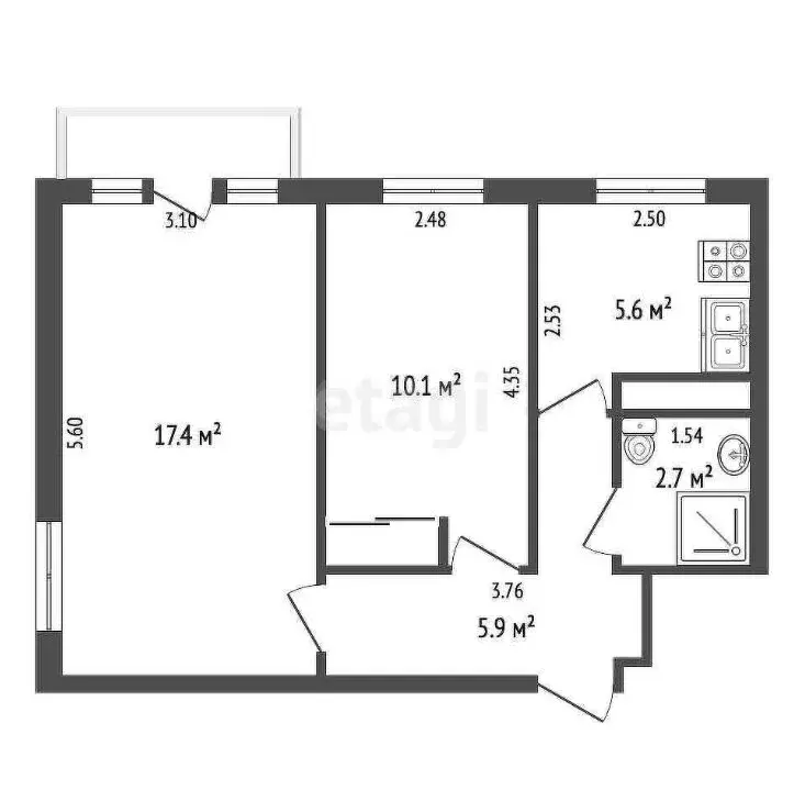 2-комнатная квартира: Новодвинск, улица Ломоносова, 14 (42.1 м) - Фото 1