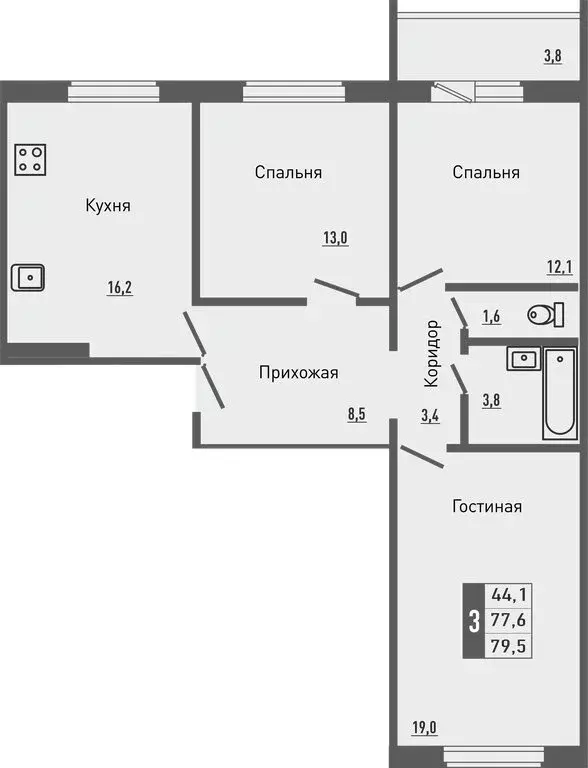 3-комнатная квартира: деревня Жилина, улица Генерала Лаврова, 7 (79.5 ... - Фото 0