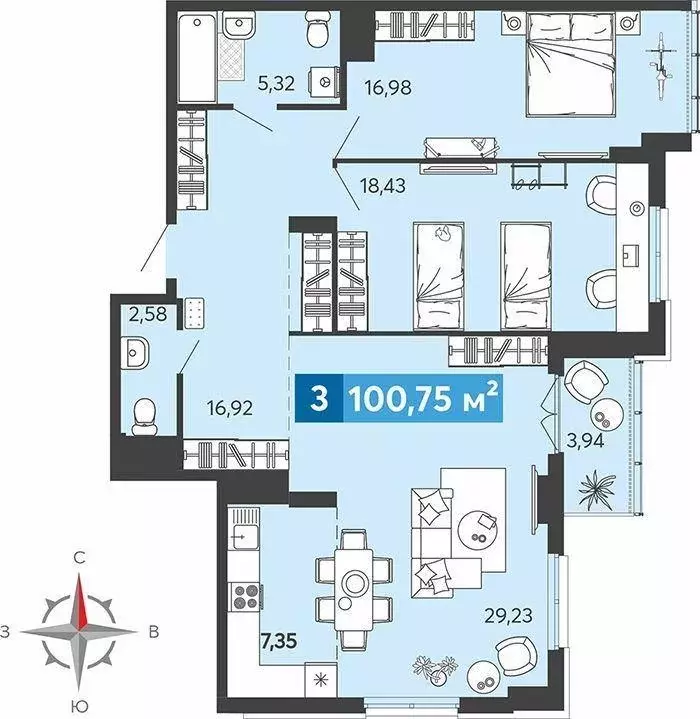 Квартира, 3 комнаты, 100.75 м - Фото 0