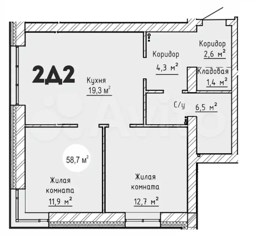 2-к. квартира, 58,7 м, 1/9 эт. - Фото 0