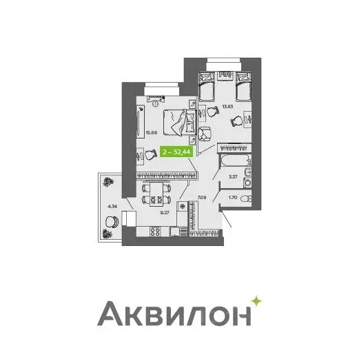 2-к кв. Архангельская область, Северодвинск  (52.44 м) - Фото 0