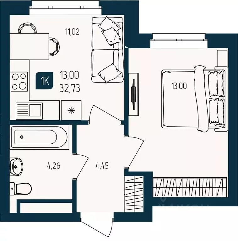 1-к кв. Тюменская область, Тюмень  (32.73 м) - Фото 1