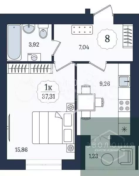1-к. квартира, 37,3 м, 2/9 эт. - Фото 0