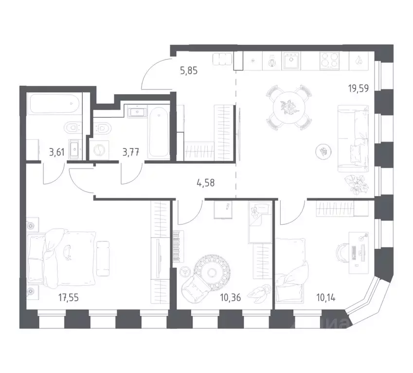 3-к кв. Татарстан, Казань Зилант Премьер жилой комплекс (75.45 м) - Фото 1