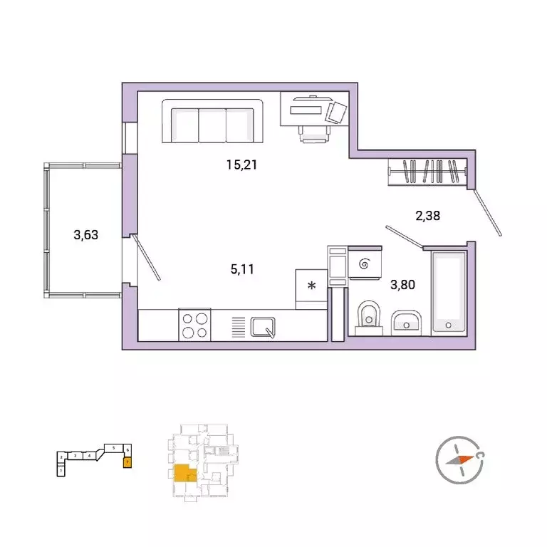 Квартира-студия: городской посёлок Янино-1, улица Рембрандта, 4 (27.7 ... - Фото 1