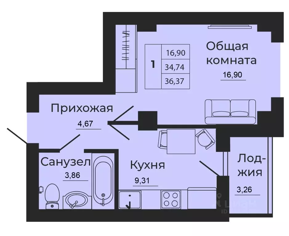 1-к кв. Ростовская область, Батайск  (36.37 м) - Фото 0