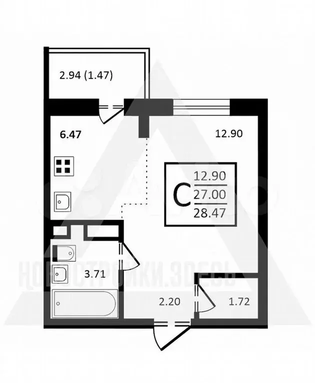 Квартира-студия, 28,5м, 8/8эт. - Фото 1