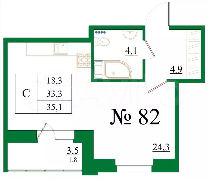 Квартира-студия, 35,1м, 3/8эт. - Фото 0