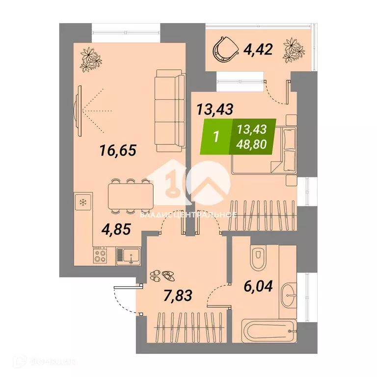 Продаётся 1-к квартира, 48.4 м - Фото 1