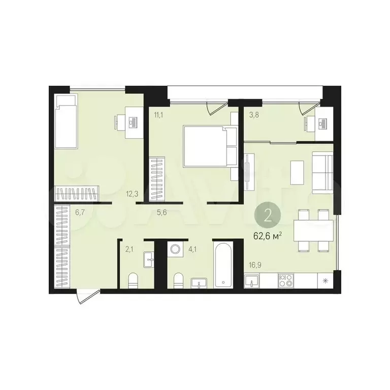 2-к. квартира, 59 м, 6/10 эт. - Фото 0