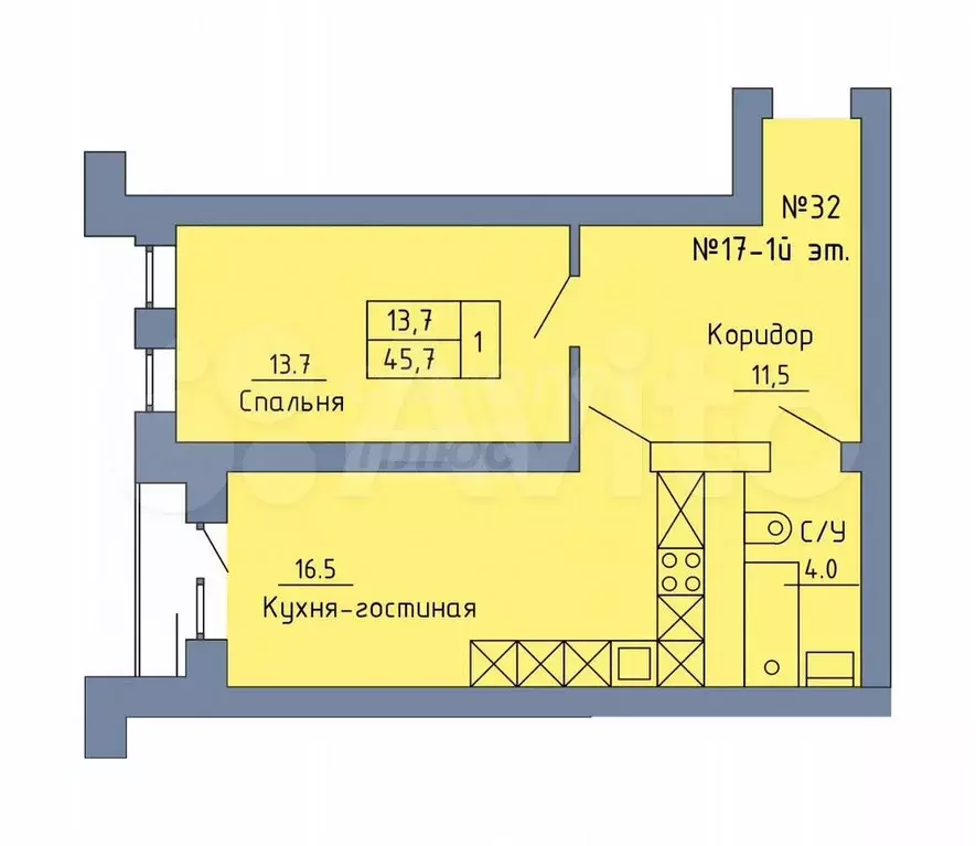 1-к. квартира, 45,7 м, 3/4 эт. - Фото 0