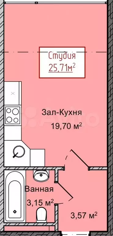 Квартира-студия, 25,7 м, 2/13 эт. - Фото 1