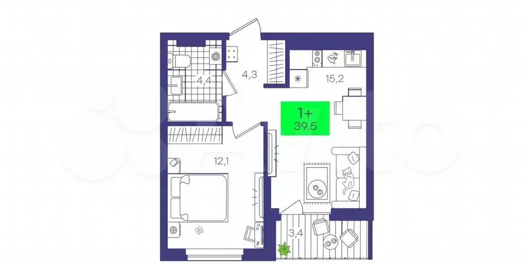1-к. квартира, 39,5 м, 9/9 эт. - Фото 1