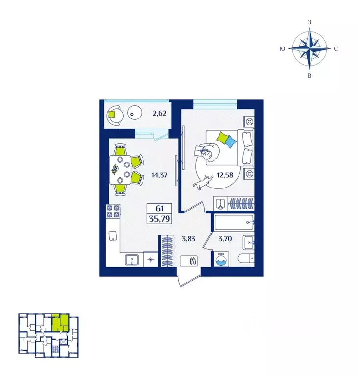 1-к кв. Калининградская область, Зеленоградск  (35.79 м) - Фото 1