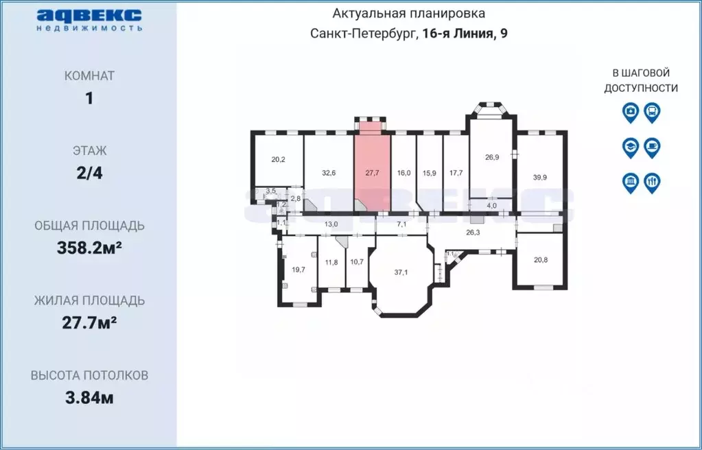 Комната Санкт-Петербург 16-я Васильевского острова линия, 9 (27.7 м) - Фото 1