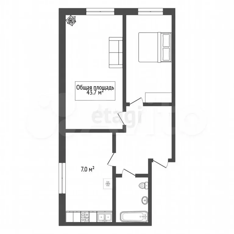 2-к. квартира, 43,7 м, 2/2 эт. - Фото 1