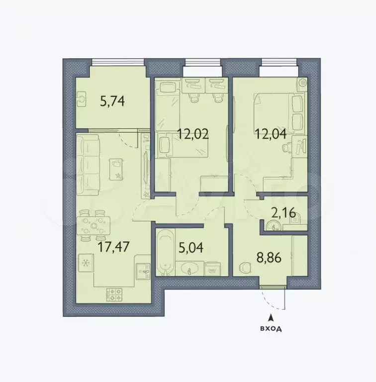 2-к. квартира, 63,3 м, 5/6 эт. - Фото 1