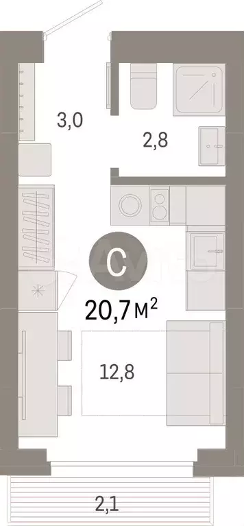 Квартира-студия, 20,7 м, 2/12 эт. - Фото 0