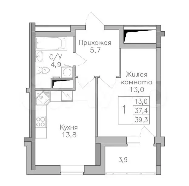 1-к. квартира, 39,2 м, 15/19 эт. - Фото 1