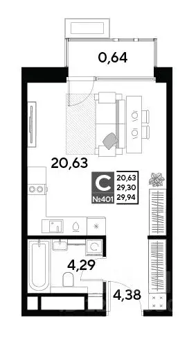 Студия Московская область, Реутов Эво жилой комплекс, к1 (29.94 м) - Фото 0