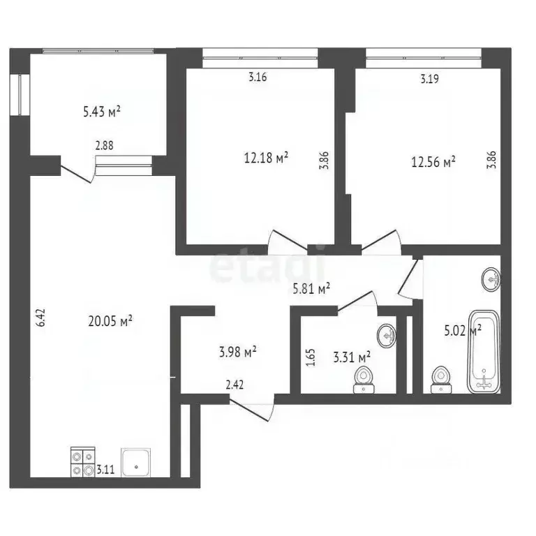 2-к кв. Тюменская область, Тюмень ул. Василия Подшибякина, 7 (63.0 м) - Фото 2
