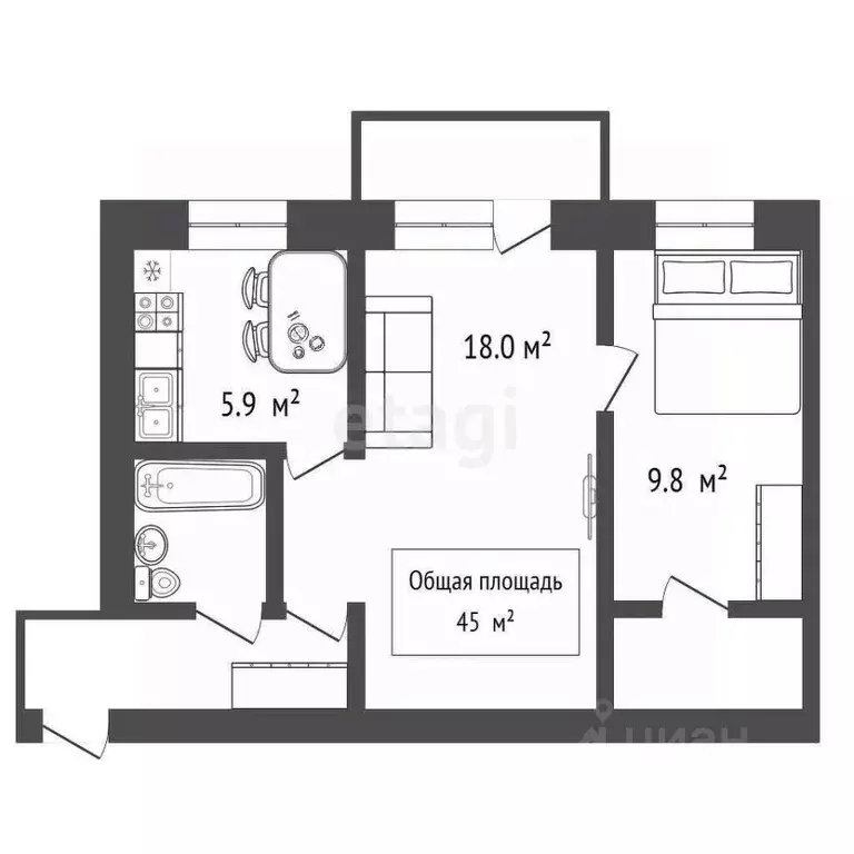 2-к кв. Новосибирская область, Новосибирск просп. Димитрова, 9 (45.0 ... - Фото 2
