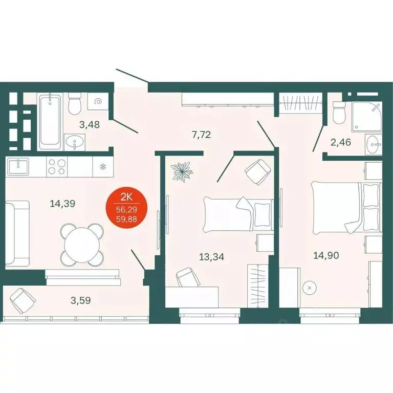 2-к кв. Тюменская область, Тюмень Одесская ул., 7к2 (56.29 м) - Фото 0