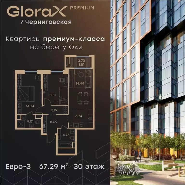 2-к кв. Нижегородская область, Нижний Новгород Глоракс Премиум ... - Фото 0