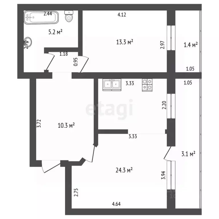 2-к кв. Башкортостан, Стерлитамак ул. Богдана Хмельницкого, 44 (52.1 ... - Фото 2