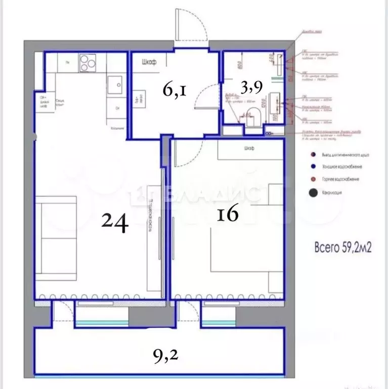 2-к. квартира, 57,7 м, 4/4 эт. - Фото 0