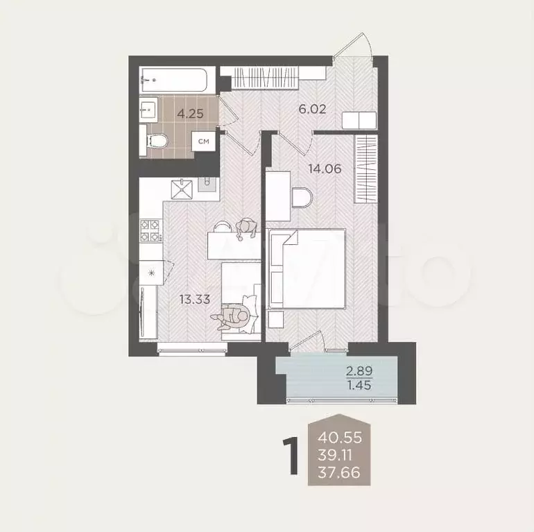 1-к. квартира, 39,1 м, 2/9 эт. - Фото 1