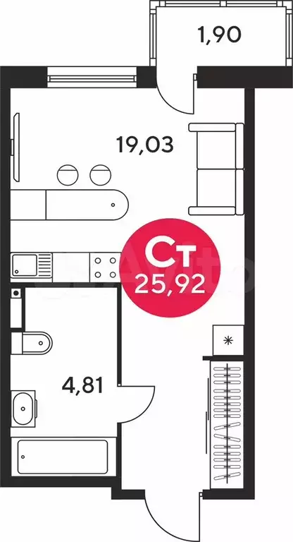 Квартира-студия, 25,6 м, 2/25 эт. - Фото 0