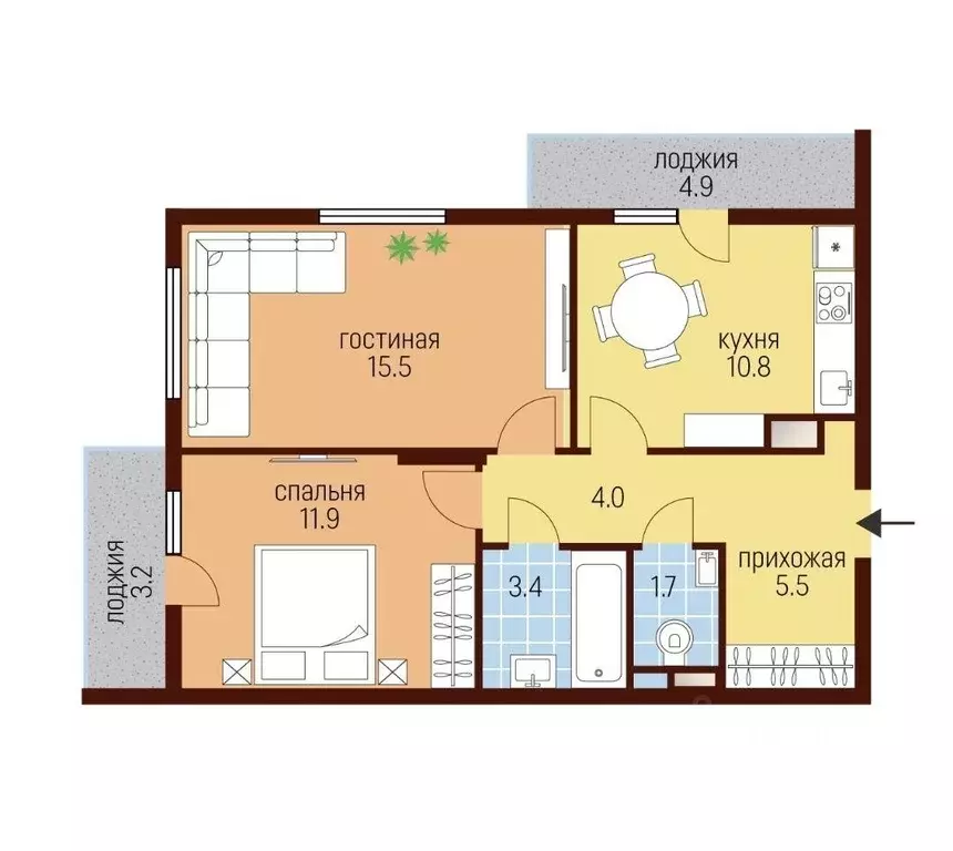 Квартира, 2 комнаты, 60.8 м - Фото 1