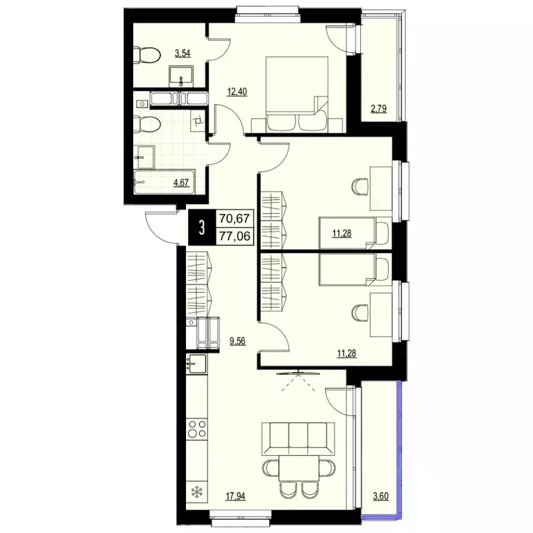 3-к кв. Самарская область, Самара Южное ш., 7А (73.87 м) - Фото 1