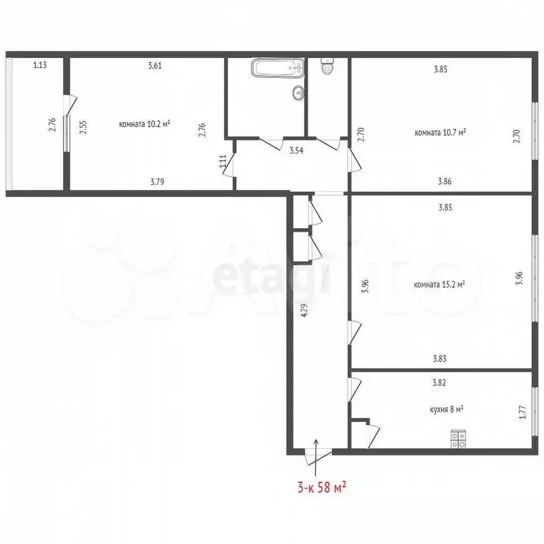 3-к. квартира, 58,1 м, 4/9 эт. - Фото 0