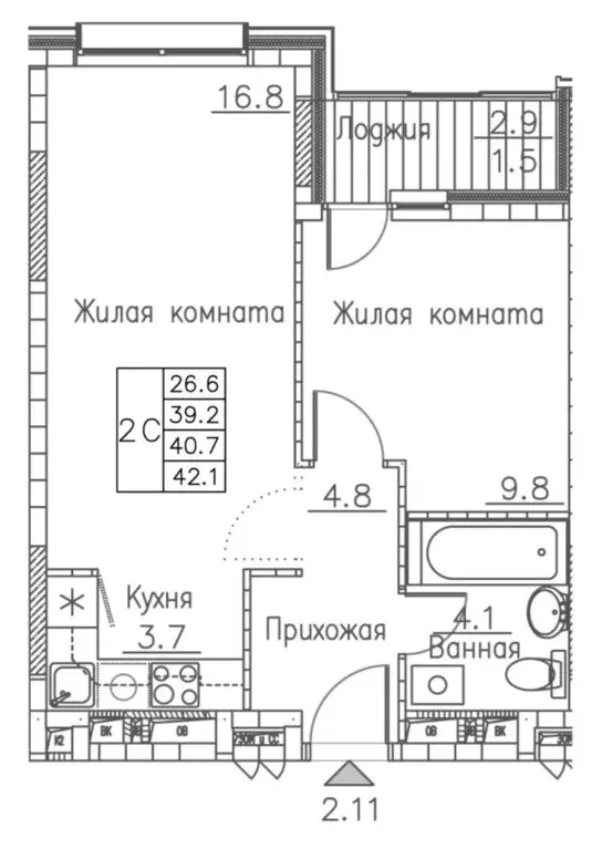 2-к кв. Приморский край, Владивосток ул. Расула Гамзатова, 7к1 (42.1 ... - Фото 0