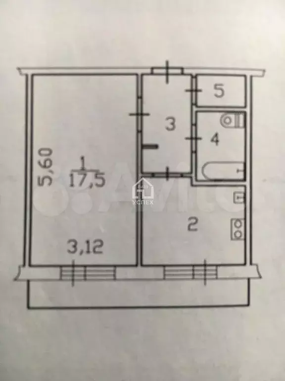 1-к. квартира, 34,8 м, 5/5 эт. - Фото 0