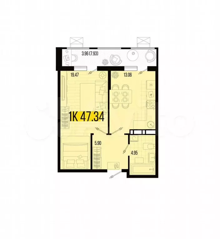 1-к. квартира, 47,3 м, 5/7 эт. - Фото 1