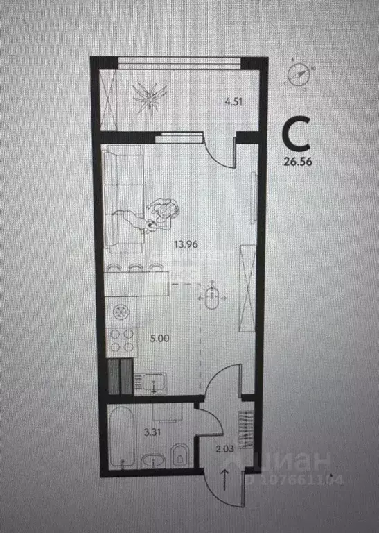 Студия Липецкая область, Липецк ул. Перова, 2В (26.56 м) - Фото 2