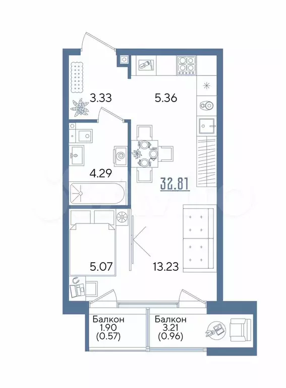 Квартира-студия, 32,8 м, 2/13 эт. - Фото 1
